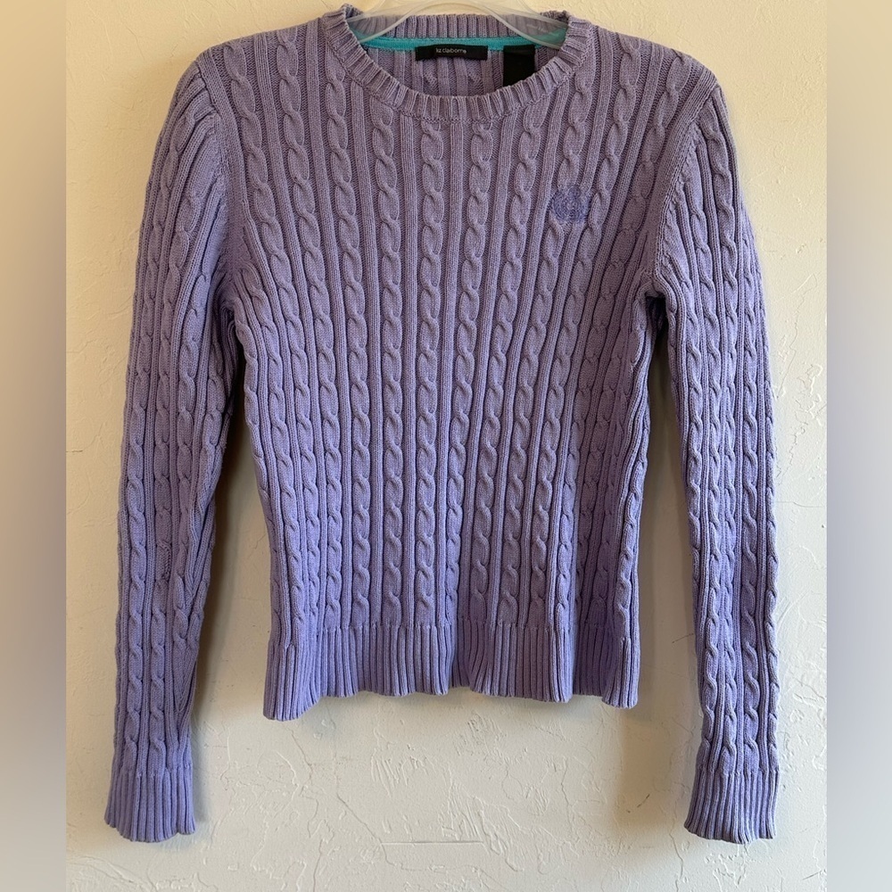 Liz Claiborne Preppy Cable Knit Purple Pullover Spring 100% Cotton Sweater Sz M